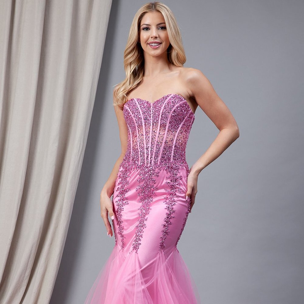 NEW OFF SHOULDER STRAPLESS EMBROIDERED RHINESTONES DRESS WITH LACE BACK 774